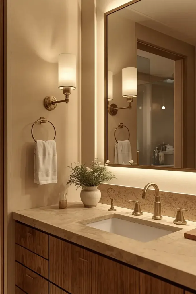 Brass wall sconces providing warm decorative lighting beside a bathroom mirror.