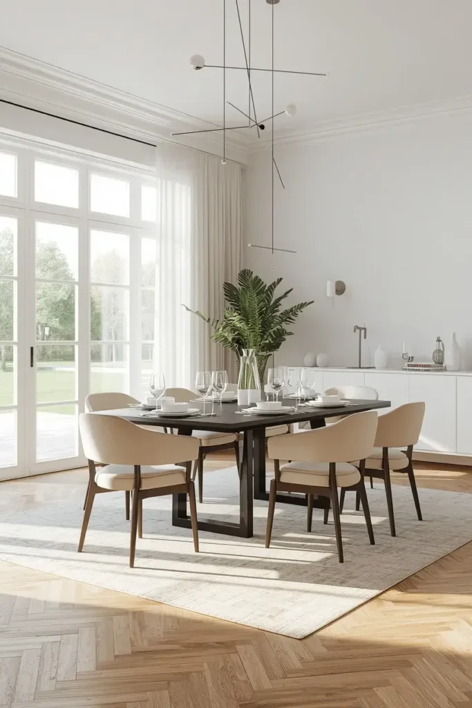Bright airy dining room featuring a black table, light chairs, sheer curtains, and natural sunlight.