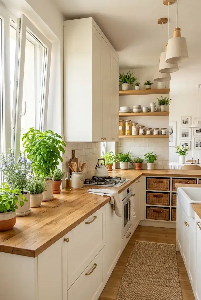 Bright apartment kitchen decorated with small green plants and fresh herbs.