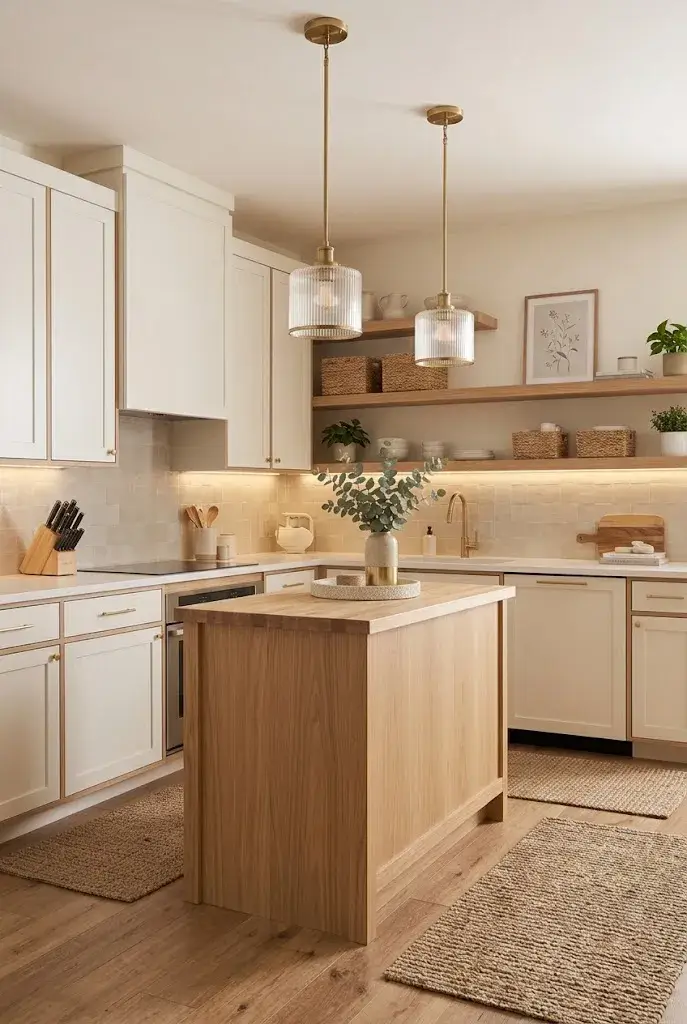 Bright apartment kitchen with white cabinets, cream walls, and natural wood accents.