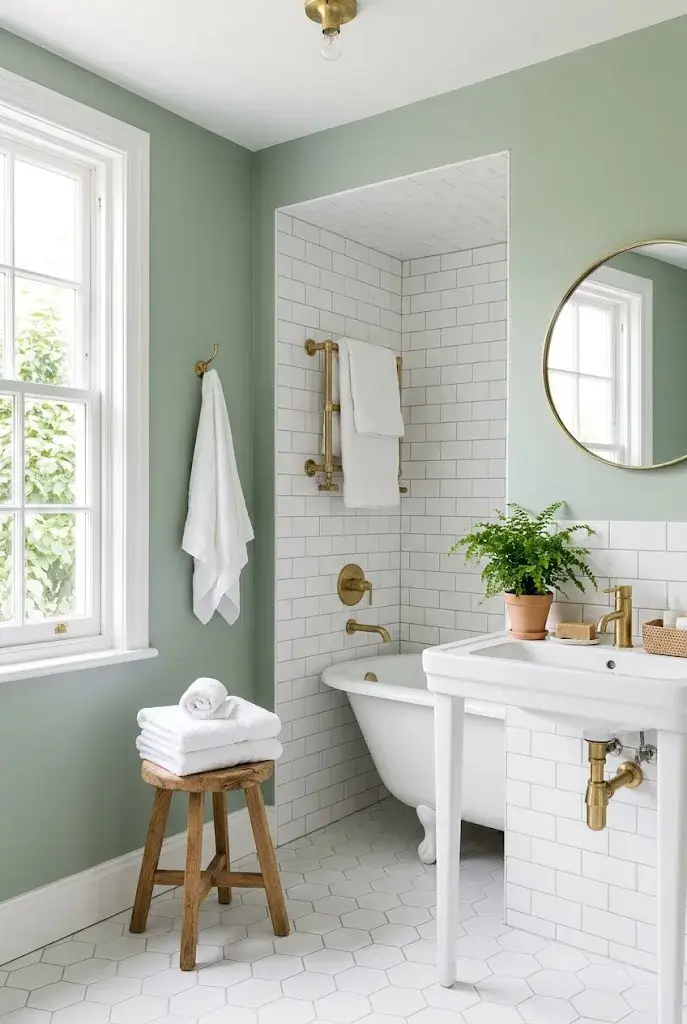 Bright green and white bathroom with white tiles, soft green walls, oak accents, and brass fixtures.