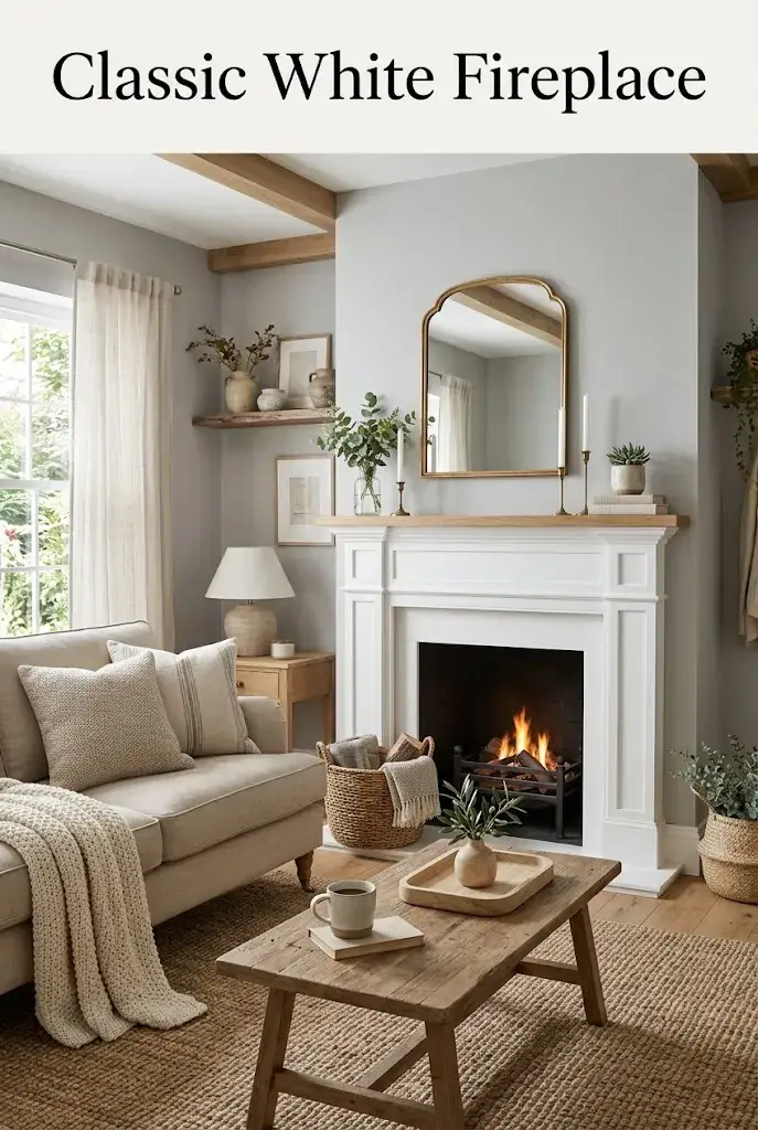 Bright living room with a classic white fireplace, beige sofa, natural wood furniture, woven baskets, and greenery.