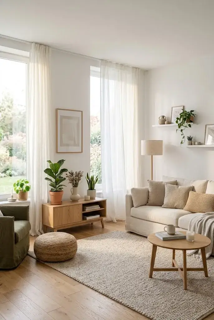 Bright living room with soft white sheer curtains, cream sofa, natural wood furniture, and sunlight.