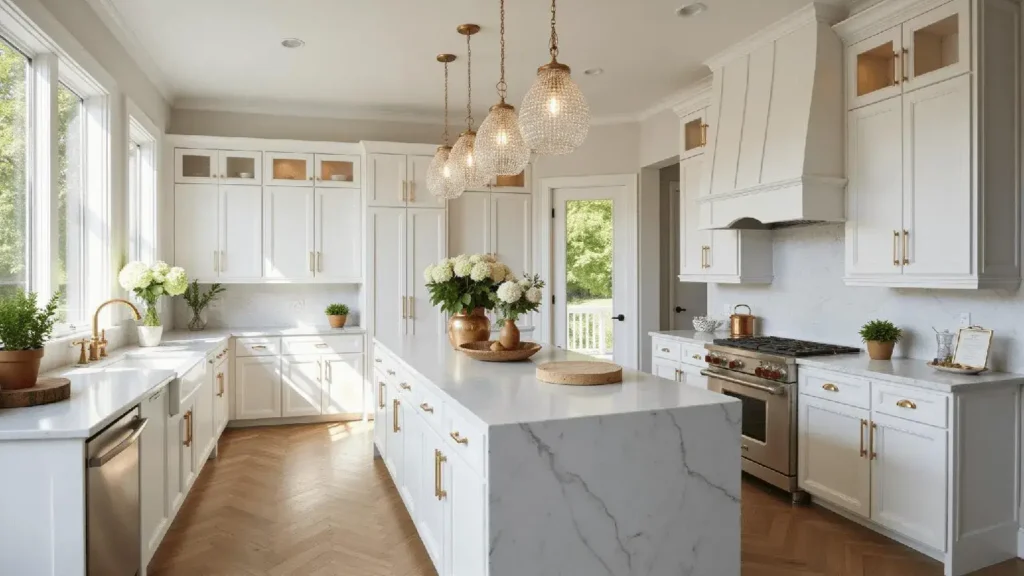 Bright white L shaped kitchen with marble island, shaker cabinets, and warm wood flooring