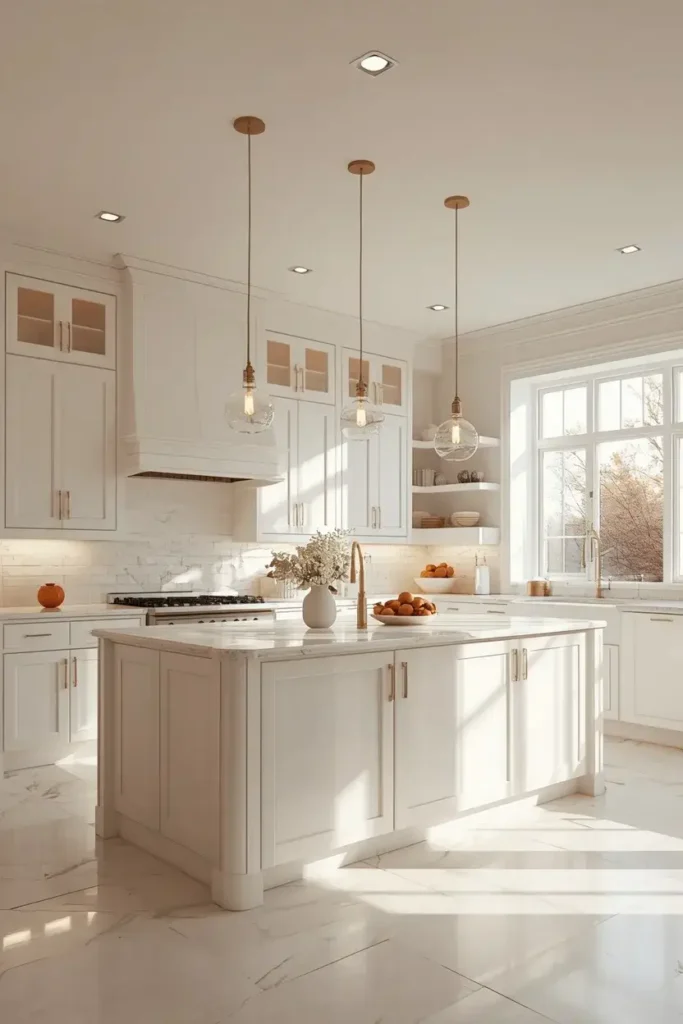 Bright white kitchen with warm pendant lighting above a central island