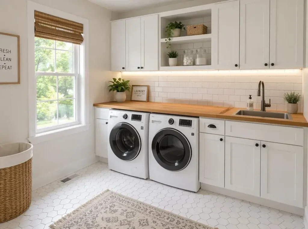 Bright white laundry room with shaker cabinets, white appliances, subway tiles, and wood accents.
