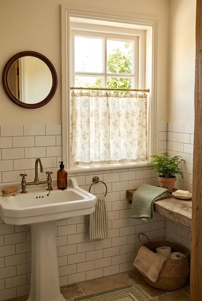 Cafe curtains providing charming privacy for a cottage bathroom window