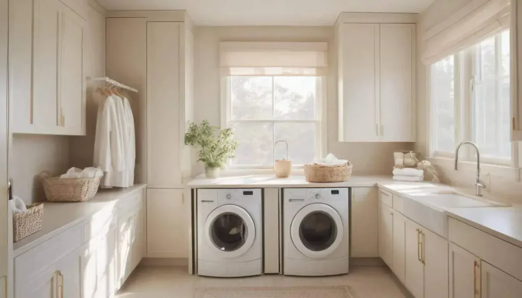 Calm neutral laundry room featuring beige cabinets, white walls, and natural wood accents.