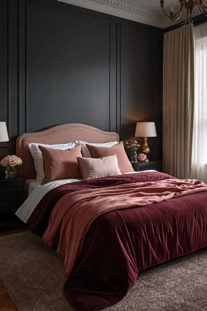  Charcoal bedroom decorated with dusty rose pillows, blush textiles, and burgundy bedding