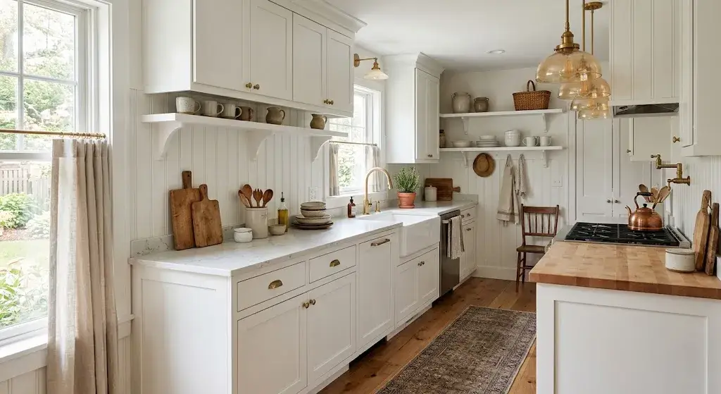 Classic white bead board backsplash in a bright farmhouse kitchen