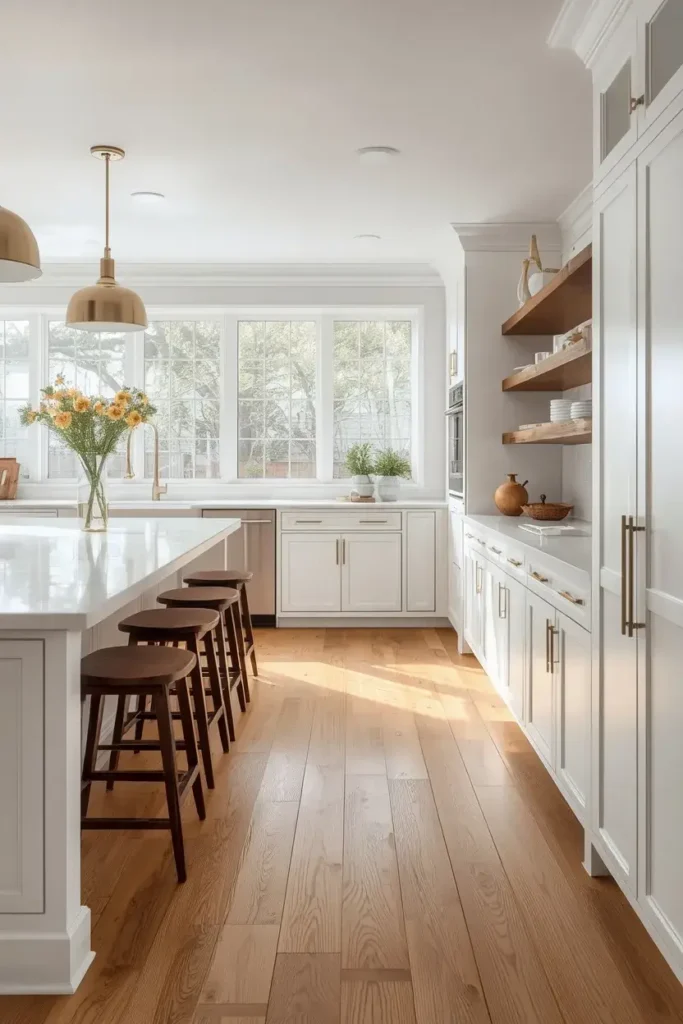 Classic white kitchen cabinets with warm wood flooring and natural accents