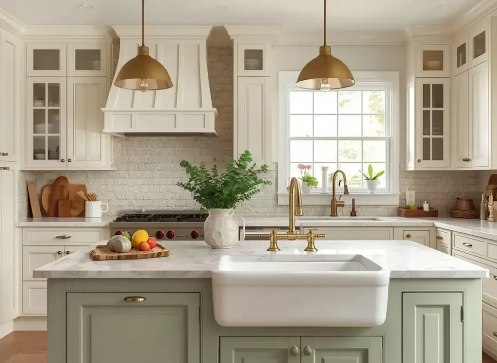 Colorful sage green kitchen island with ceramic sink and brass faucet