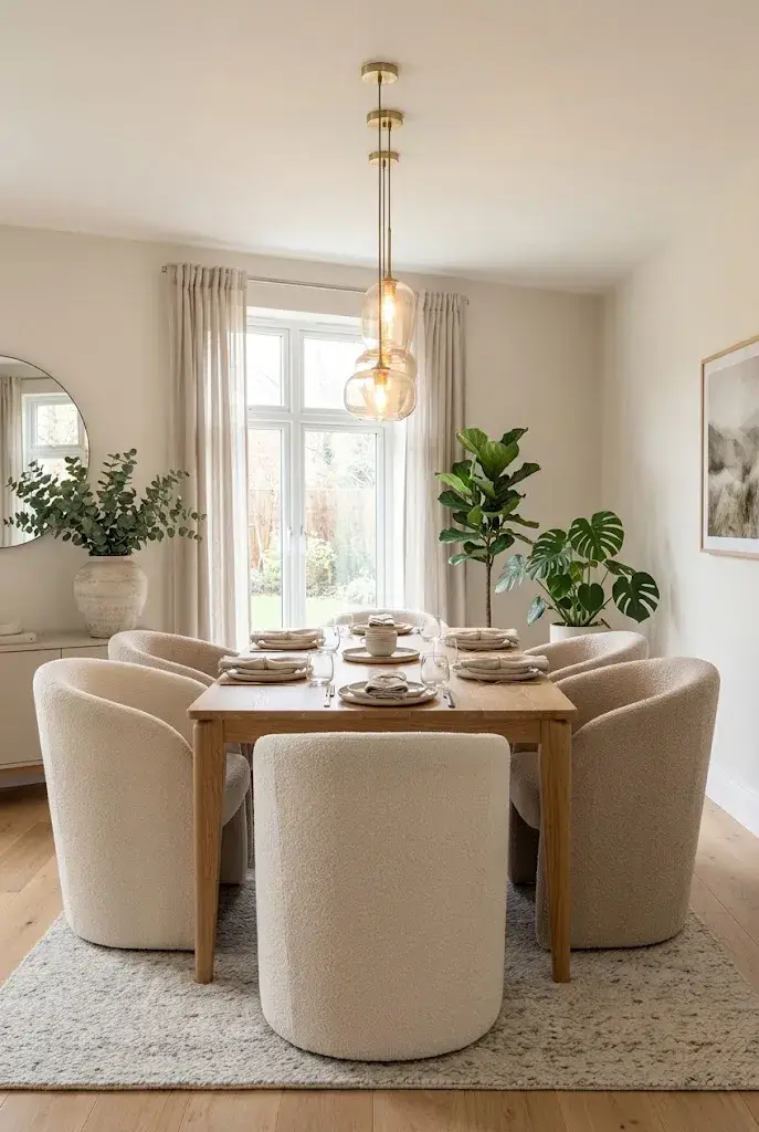 Comfortable cream upholstered dining chairs surrounding a natural wooden dining table.