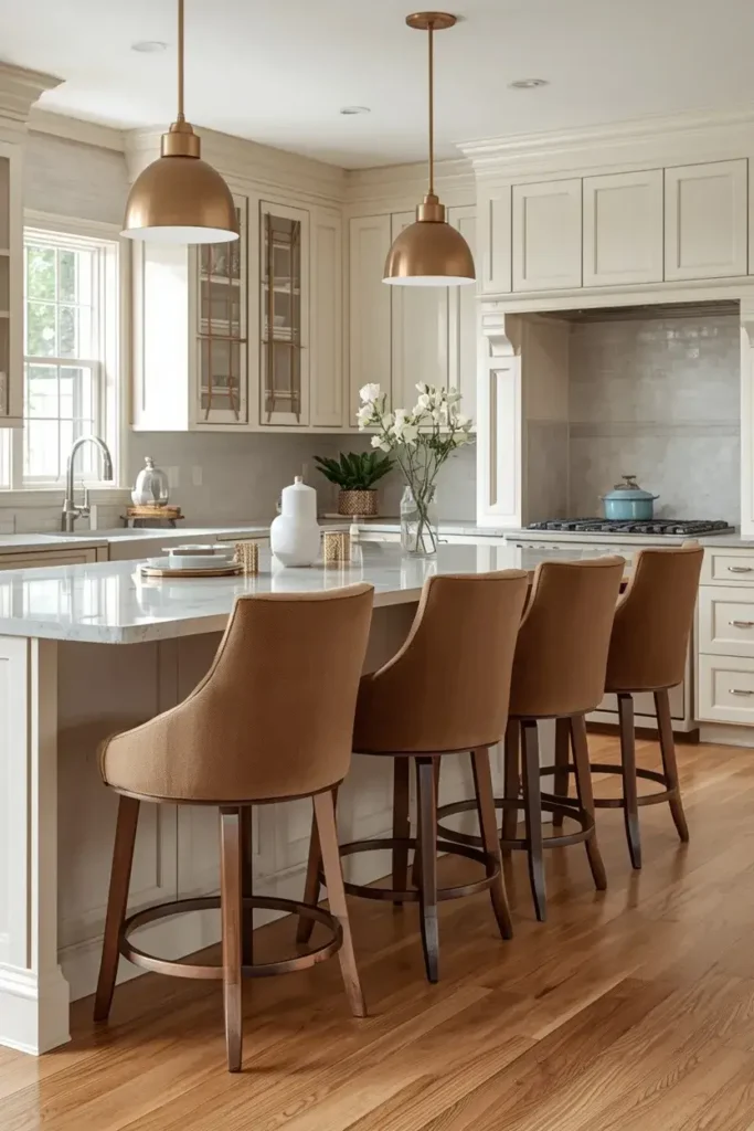 Comfortable taupe swivel bar stools arranged around a modern kitchen island.