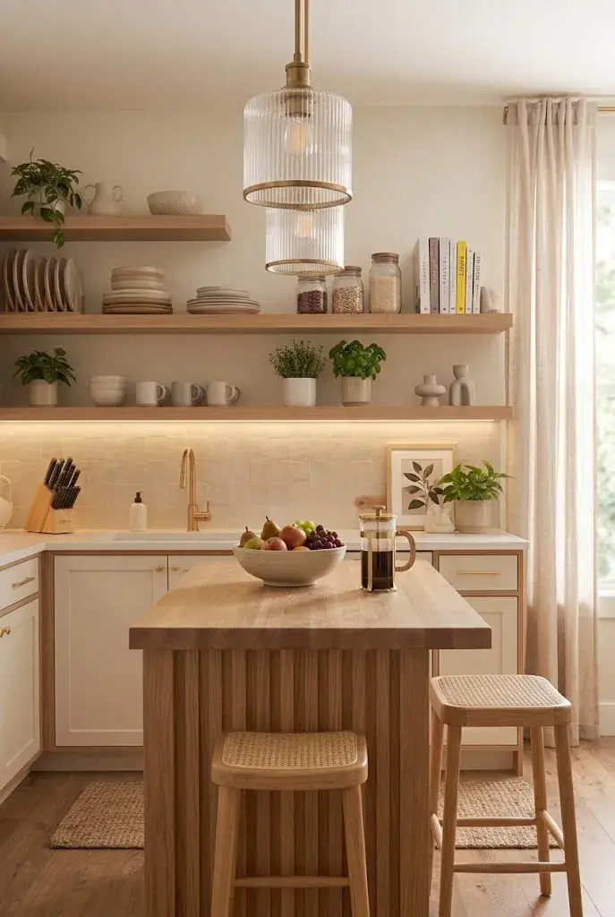 Compact apartment kitchen with a slim island, two stools, and warm wood details.