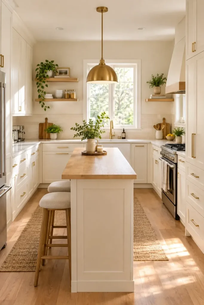 Compact kitchen featuring a slim island with a light wood countertop and two small stools.