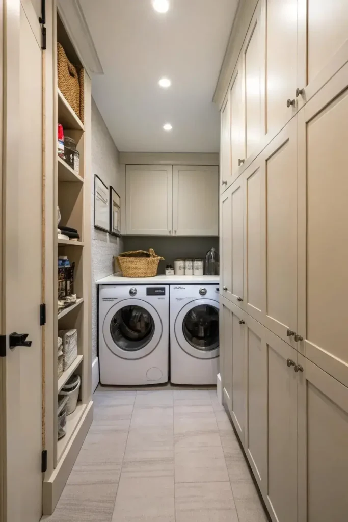 Compact laundry room with tall cabinets, vertical storage, and stacked laundry appliances.