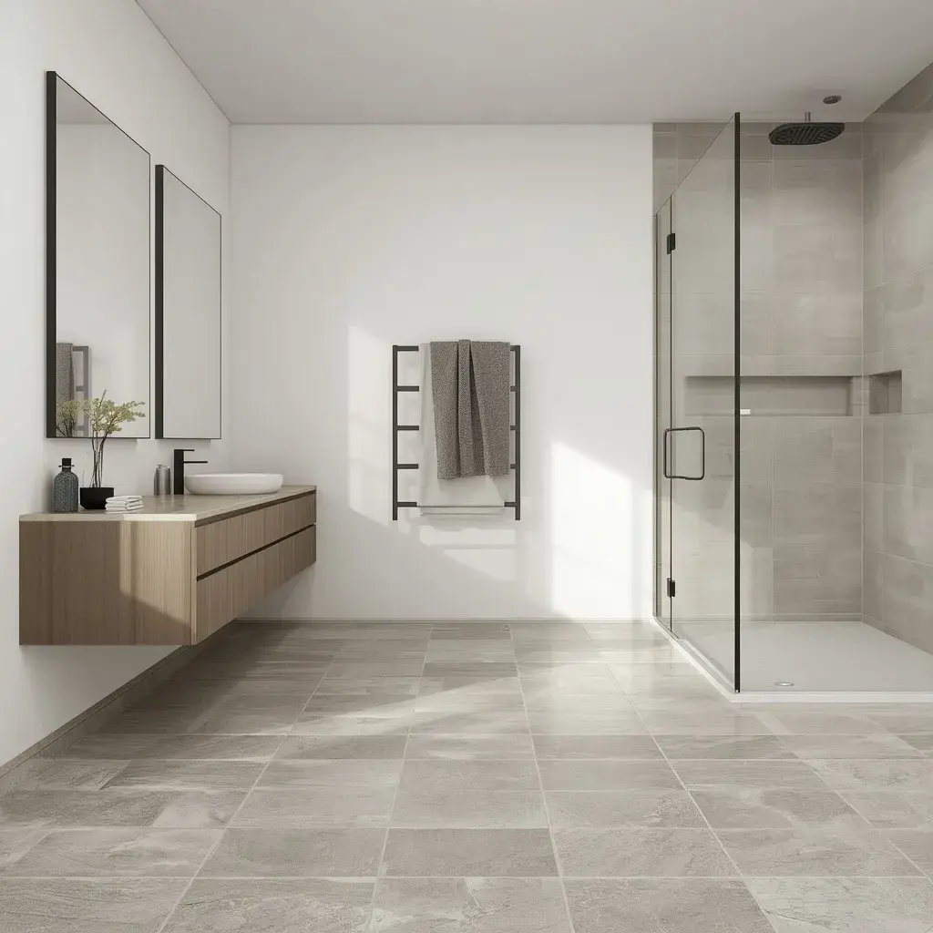 Contemporary bathroom with large-format porcelain floor tiles and minimal grout lines.