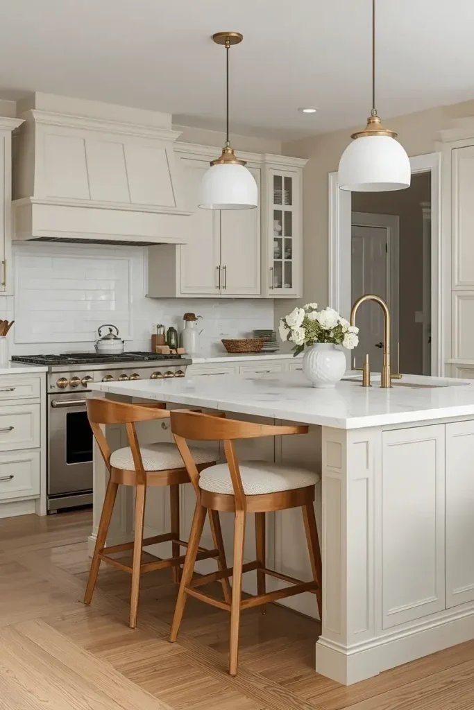 Coordinated bar stools complementing the style and finishes of a kitchen island.