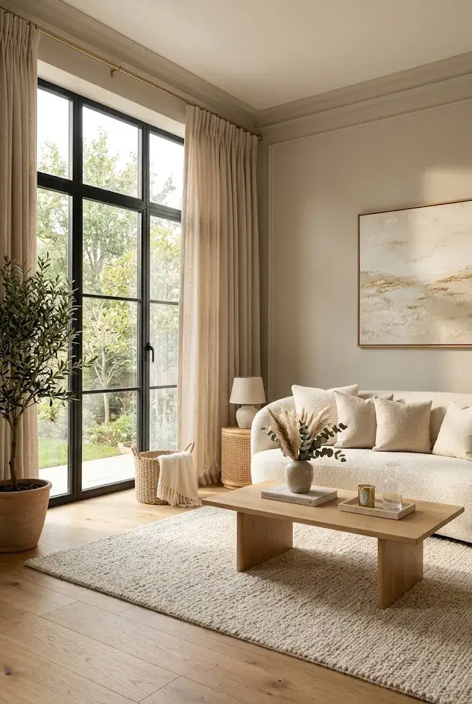 Coordinated living room with beige curtains matching a cream sofa and neutral decor.