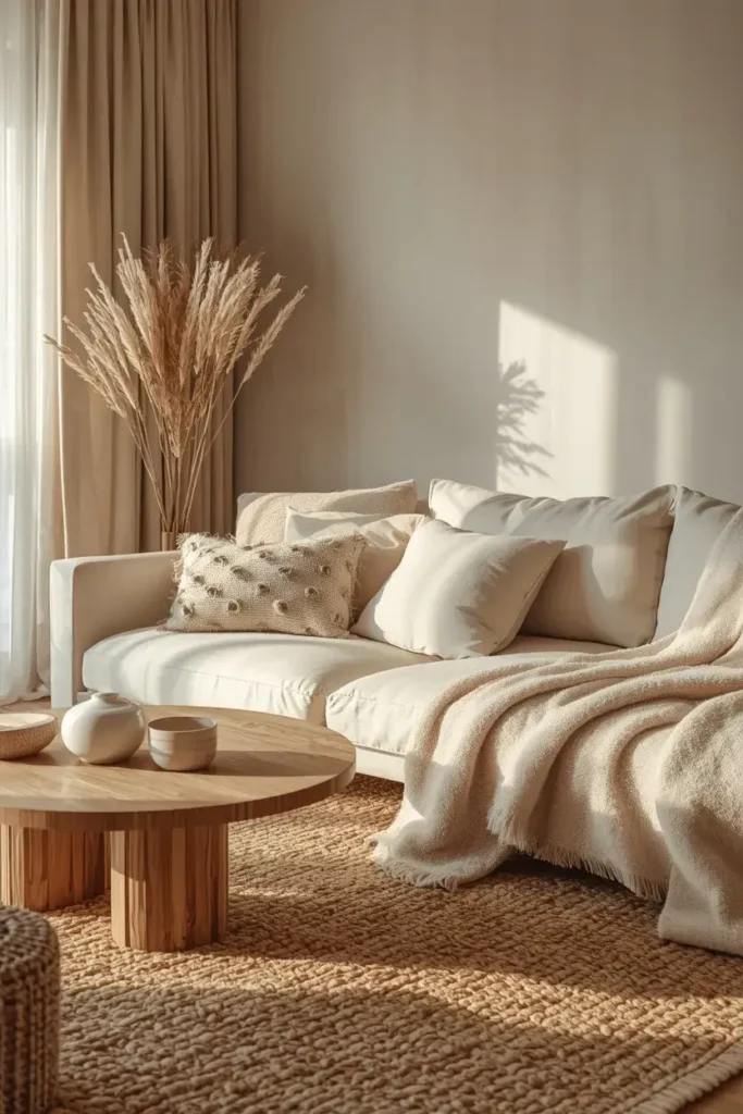 Cozy Japandi living room with layered linen, wool, cotton, and woven textures