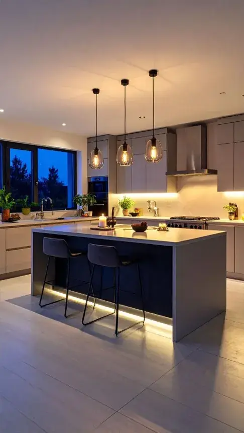 Cozy L shaped kitchen with island, warm pendant lights, and under-cabinet lighting.