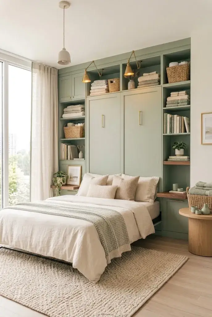 Cozy Murphy bed nook with sage green walls and warm neutral decor