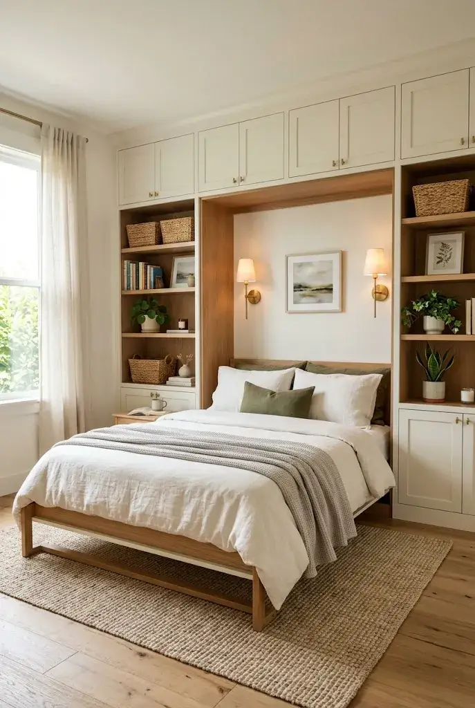 Cozy Murphy bed surrounded by built-in shelves and warm decorative accents