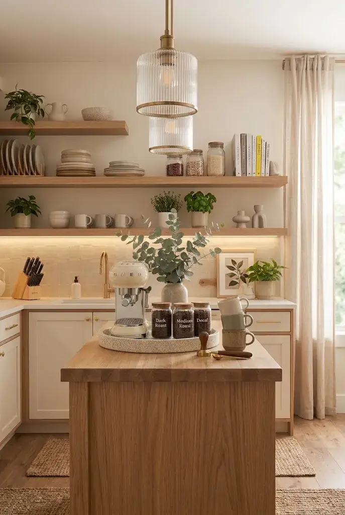 Cozy apartment kitchen coffee station with a coffee maker, mugs, jars, and warm wood accents.