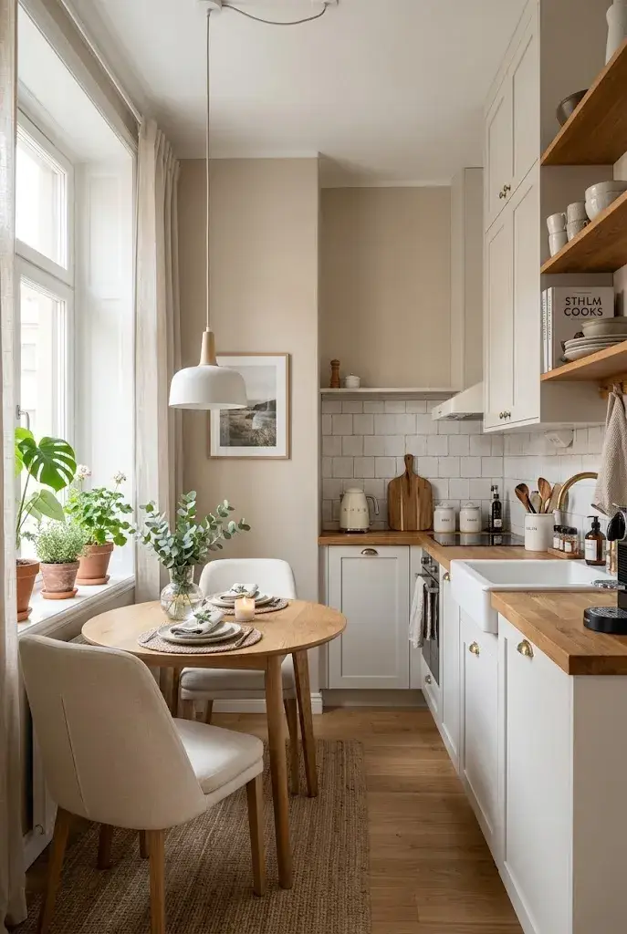 Cozy apartment kitchen dining nook with a small round wood table and two chairs.