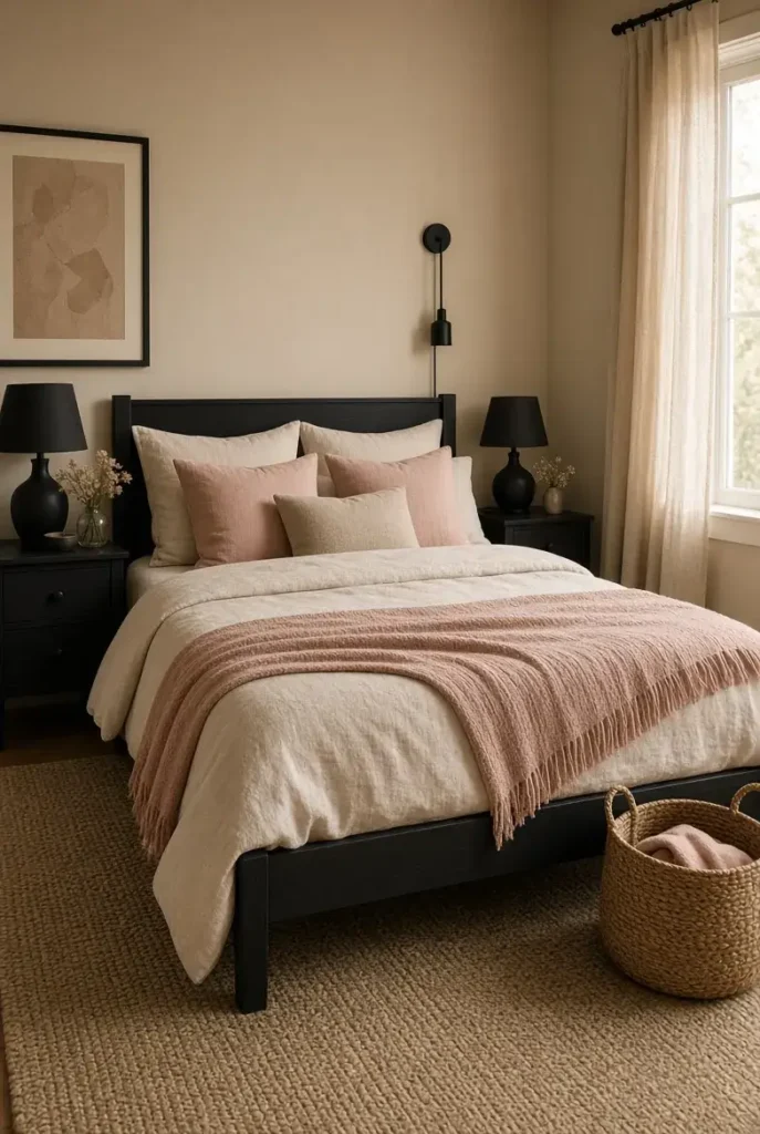 Cozy bedroom layered with blush pink, black, beige, cream, and natural textures.