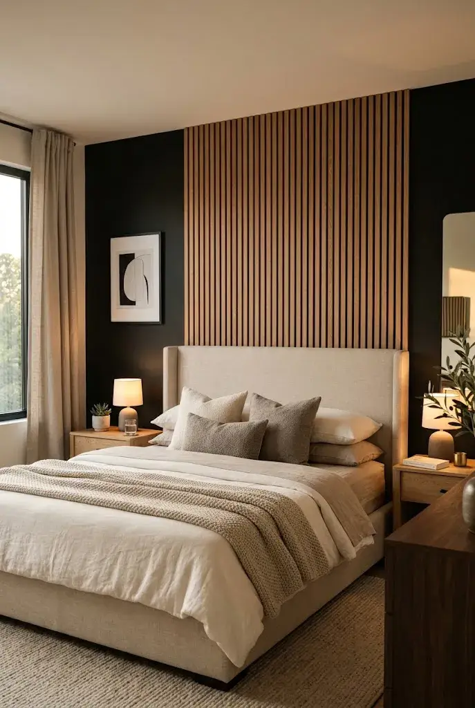 Cozy bedroom with a black feature wall and vertical warm wood slats behind the bed.