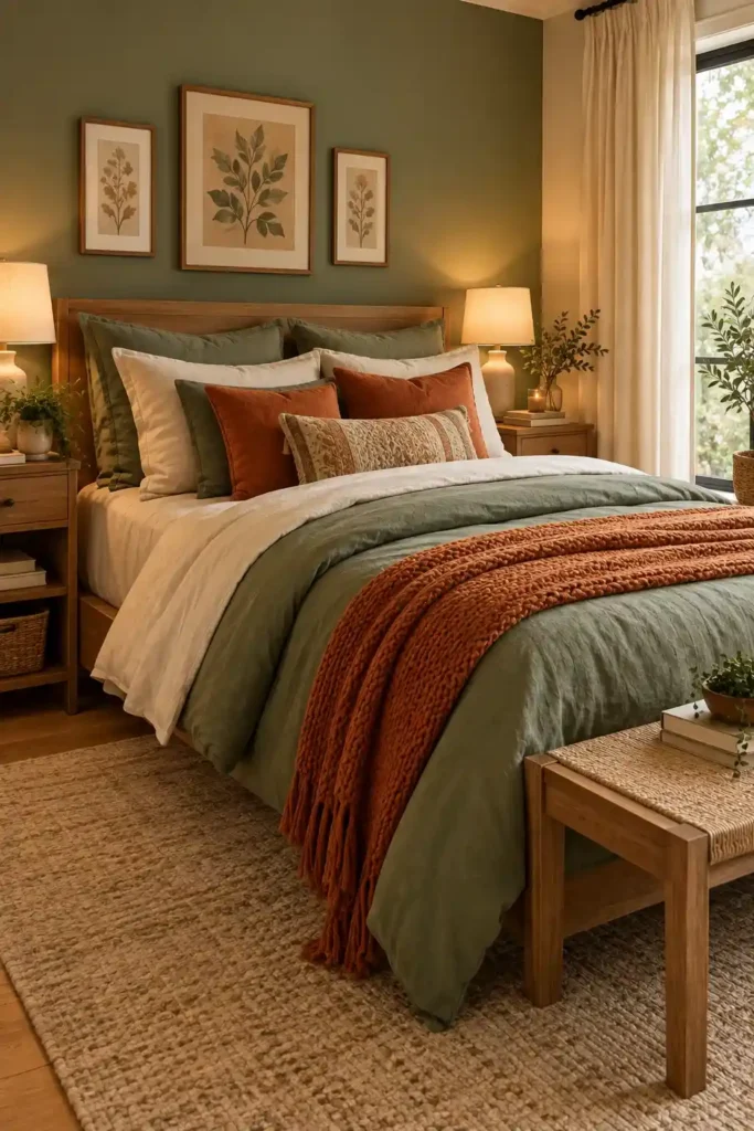 Cozy bedroom with layered sage green and burnt orange bedding and natural wood accents.