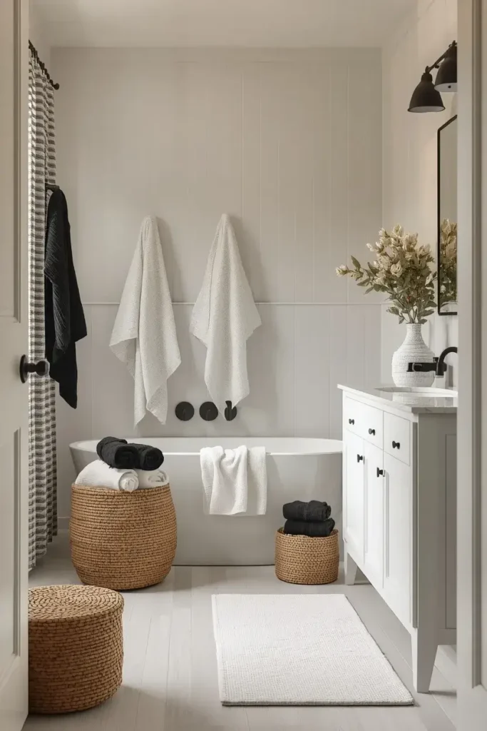 Cozy black and white bathroom decorated with textured towels, bath mat, and woven baskets