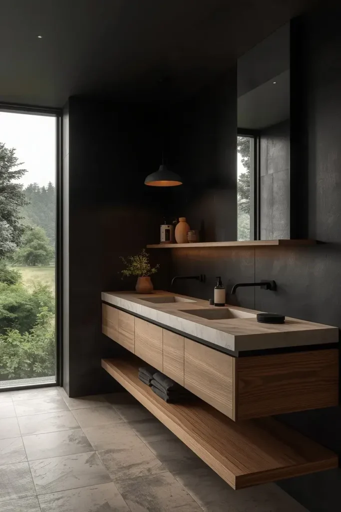 Cozy black bathroom with natural oak vanity, wooden shelves, and warm decorative accents.
