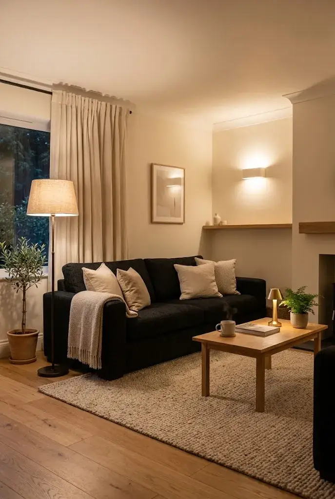 Cozy black couch living room illuminated with warm ambient floor and table lamps.