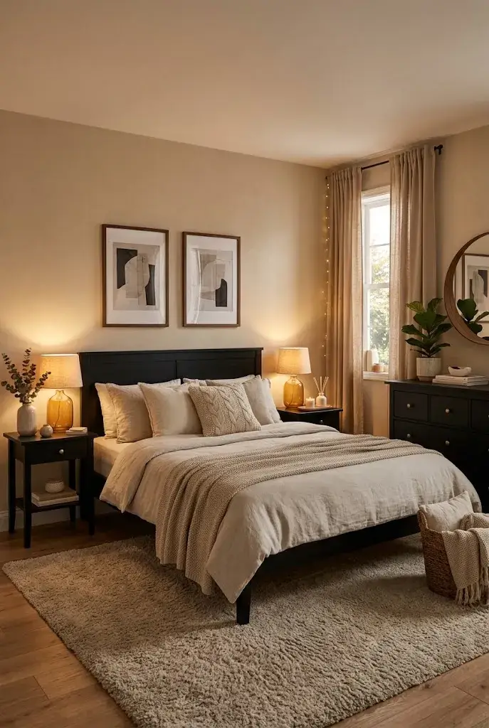 Cozy black furniture bedroom decorated with beige bedding, linen textures, and warm lighting.