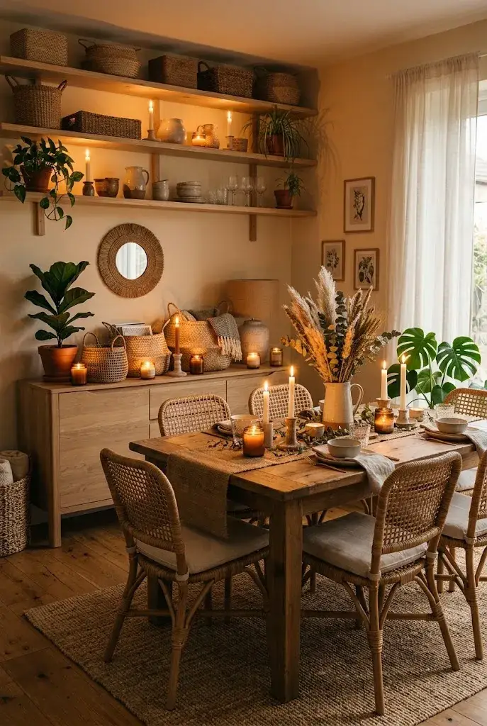 Cozy boho dining room illuminated by soft candles on a natural wood dining table.
