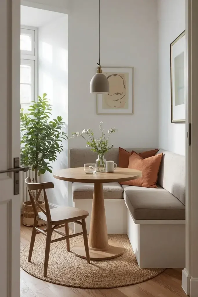 Cozy dining nook with compact round wooden table and built-in bench