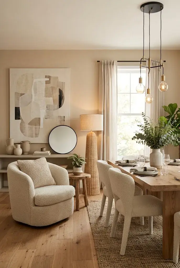 Cozy dining room corner with a beige chair, wooden side table, floor lamp, and greenery.