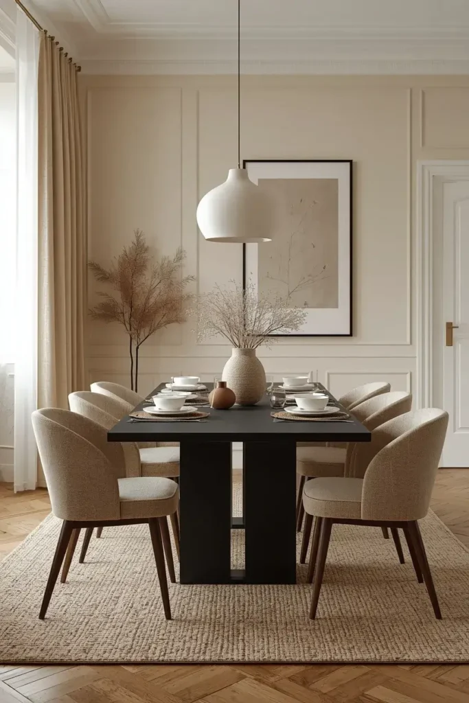 Cozy dining room with a black table, beige upholstered chairs, cream walls, and soft neutral textures.