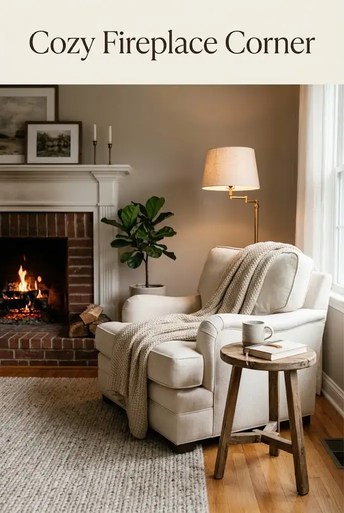 Cozy fireplace corner with an upholstered armchair, soft throw, wooden side table, floor lamp, and warm textures.