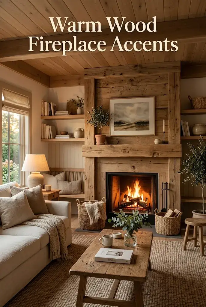 Cozy fireplace living room with warm oak accents, cream furnishings, woven textures, and soft golden lighting.