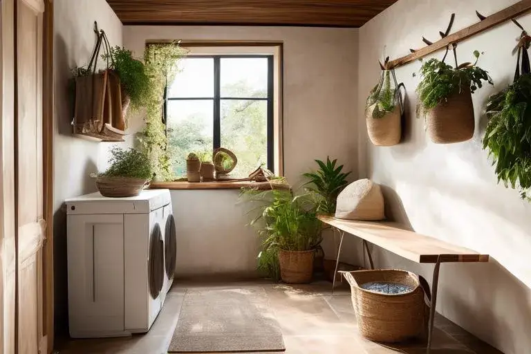 Cozy laundry room decorated with greenery, a woven rug, and natural wood accessories.