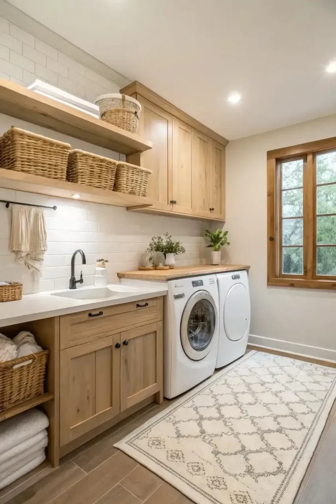 Cozy laundry room with warm oak cabinets, white appliances, and woven storage baskets.