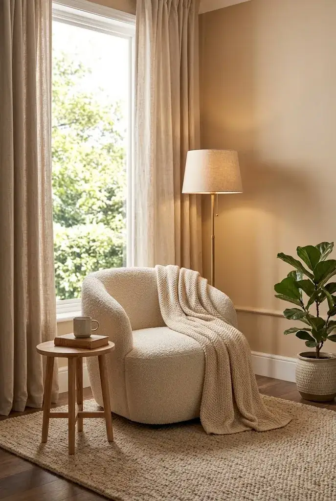 Cozy master bedroom reading corner with cream chair and warm floor lamp