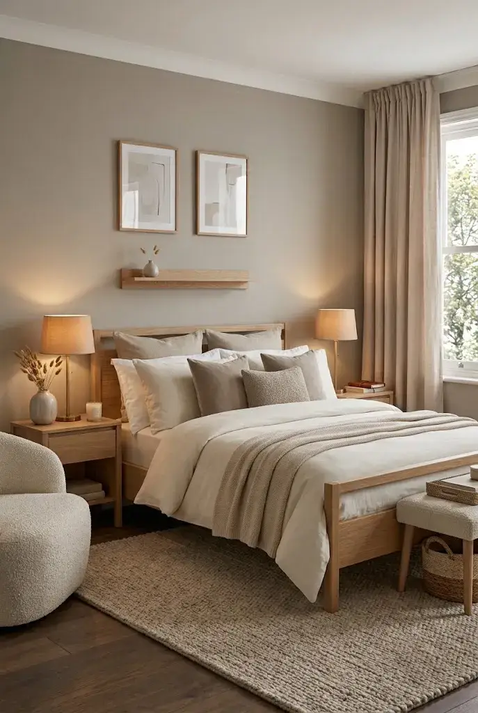 Cozy master bedroom with layered cream bedding and textured pillows