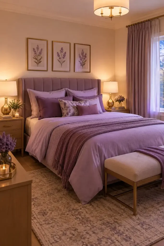 Cozy purple bedroom illuminated by warm bedside lamps and soft ambient lighting.