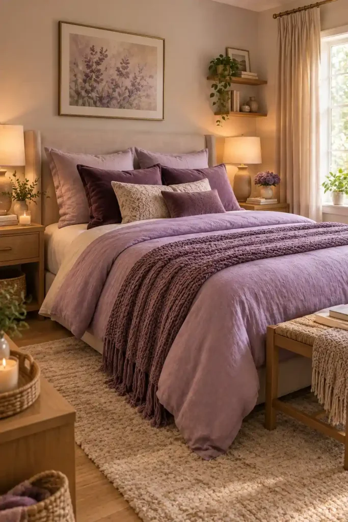 Cozy purple bedroom with velvet cushions, knitted throws, and layered soft textures.
