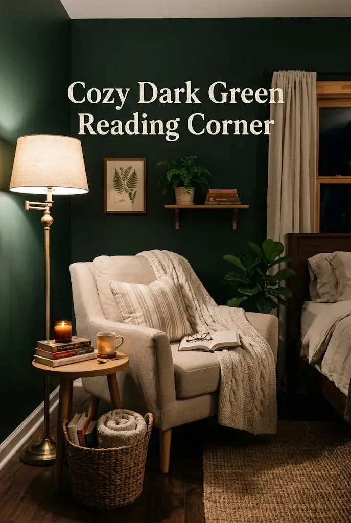 Cozy reading corner with a beige chair, warm lamp, wooden table, and dark green bedroom walls.